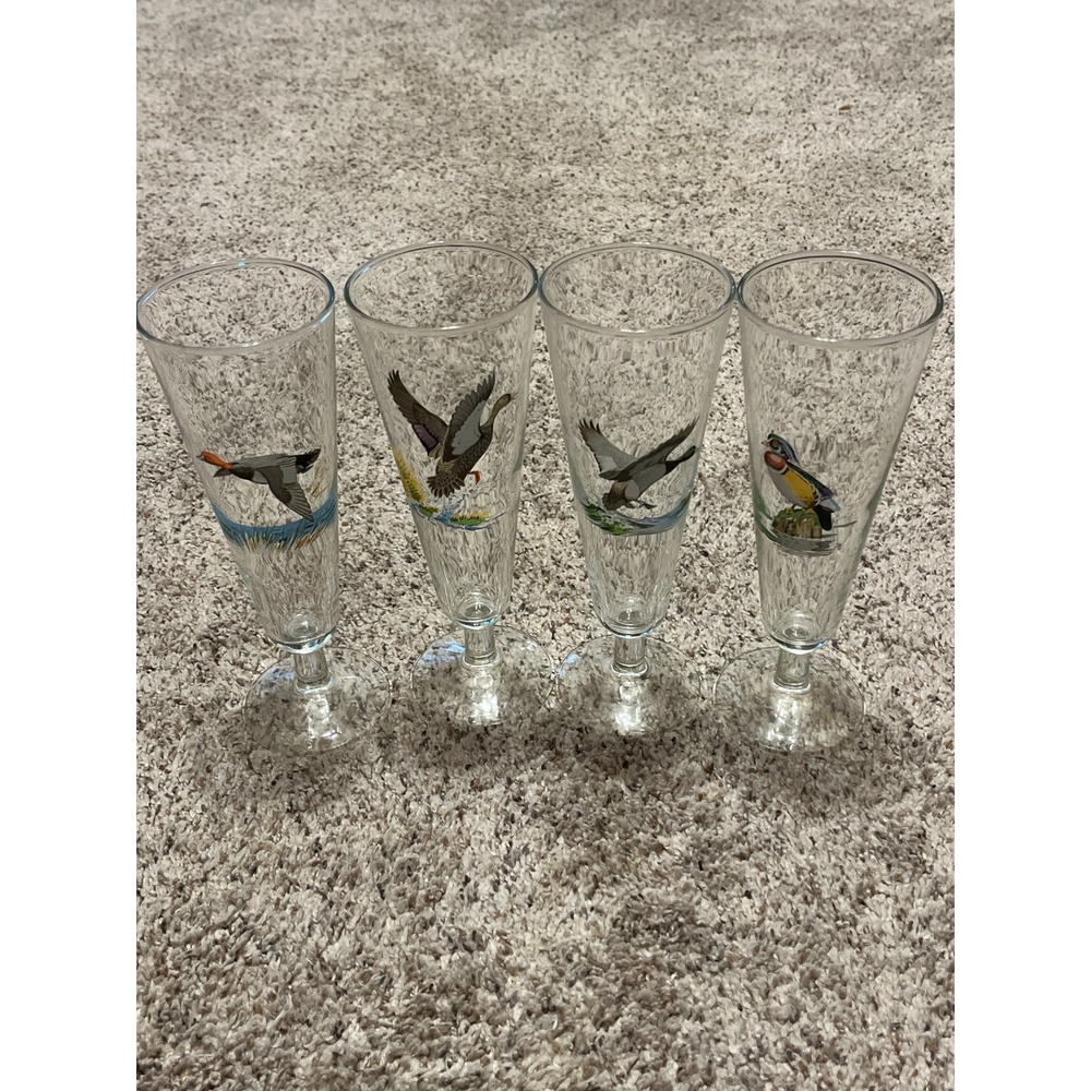 Vintage Set of 4 NED SMITH WaterFowl Pilsner Hand Painted Beer Glasses Hunting